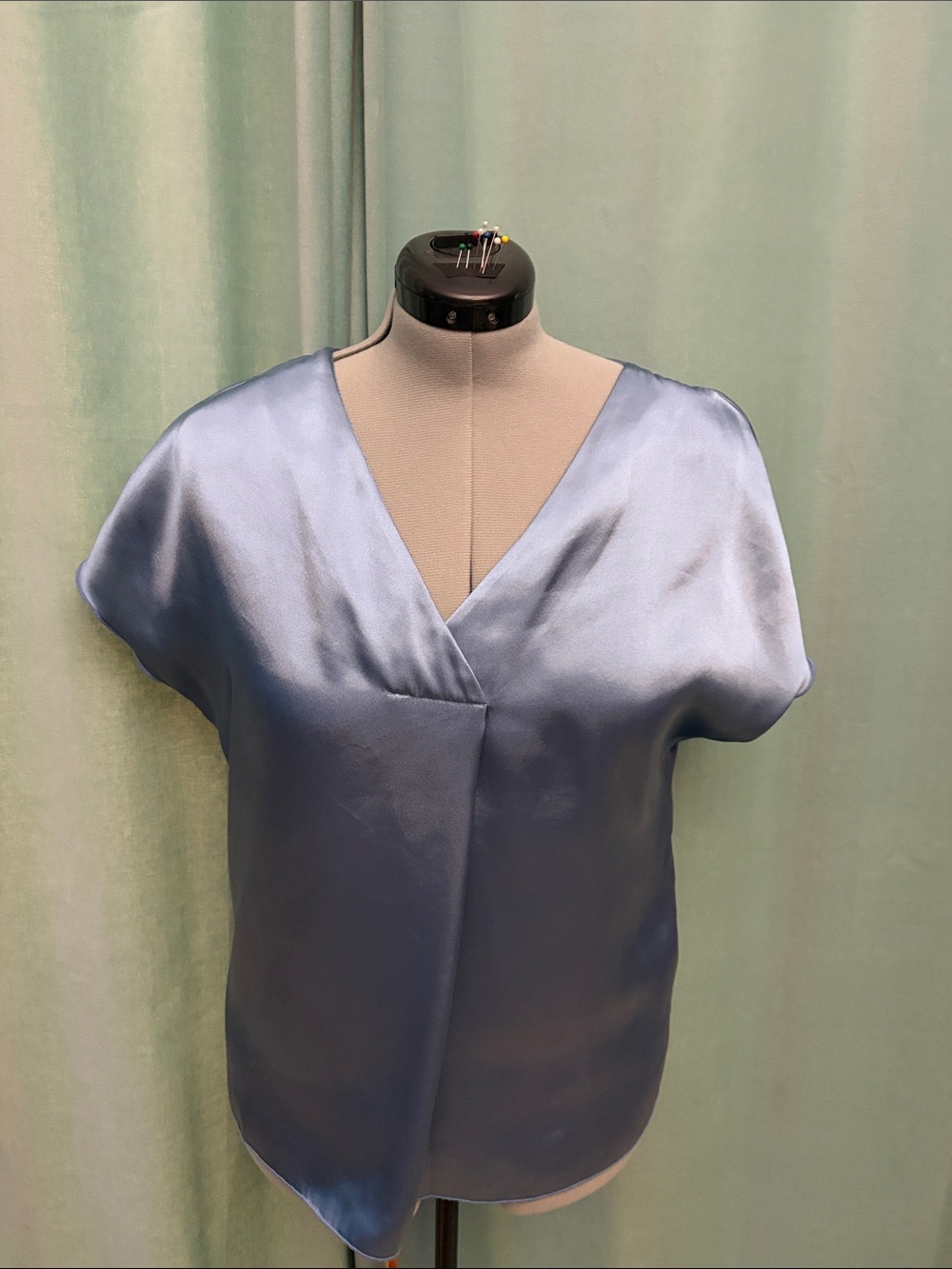 Nicole Miller Satin V-Neck Cap Sleeve Top in Light Blue